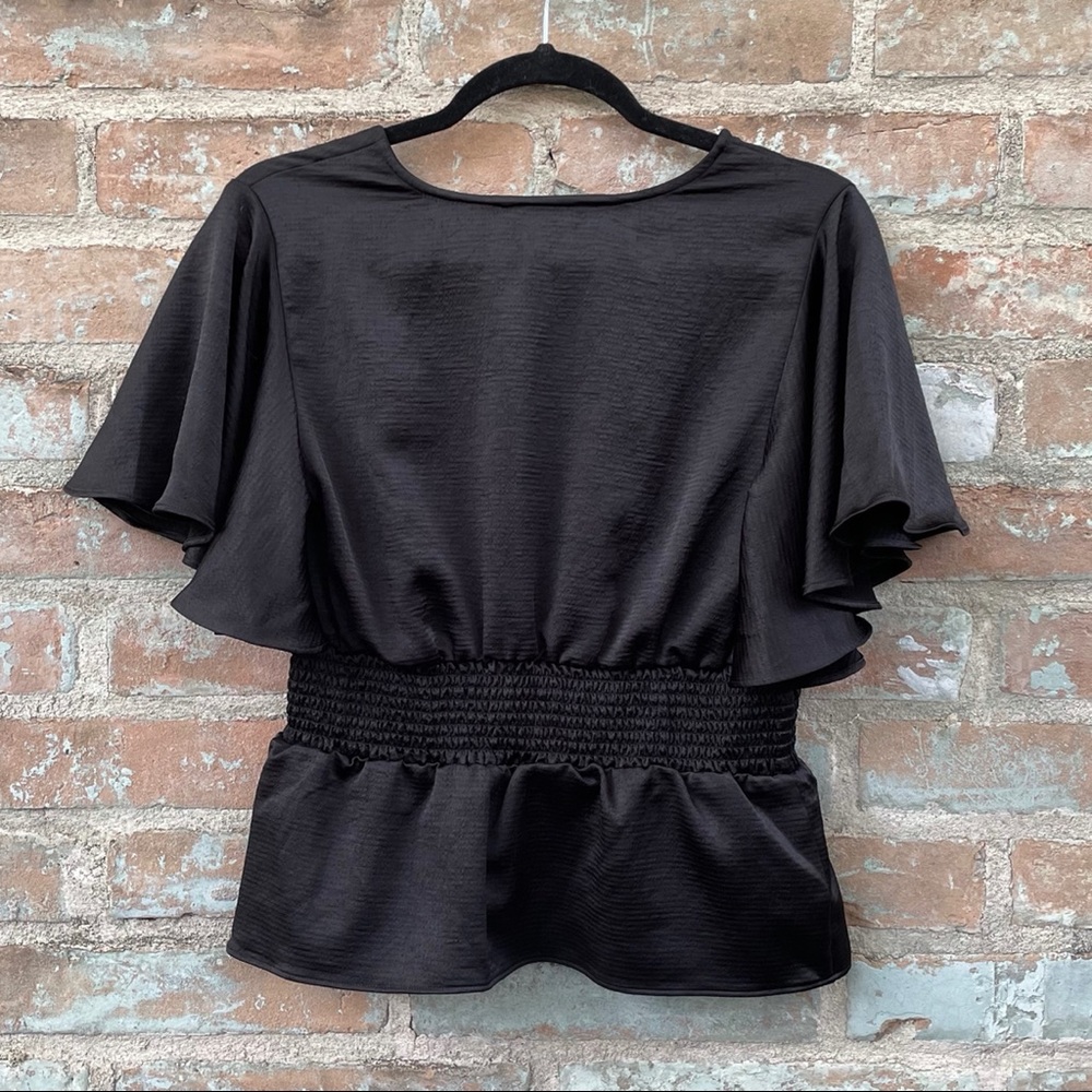Express Satin Top Black Silky Flutter Smocked Butterfly Blouse Peplum Stretch - Picture 13 of 14